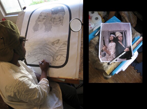 The "Guyana Girls" in progress: Frohawk Two Feathers in studio, sketching from an image of sitters, 2011. | Photo: Ellen C. Caldwell, courtesy of the artist.
