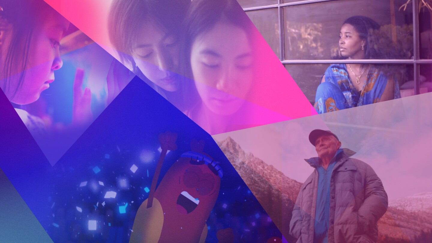 A collage of film stills showing an animated hotdog, two women in an embrace, an African American woman in blue by the window, a young girl and a old man looking outward.