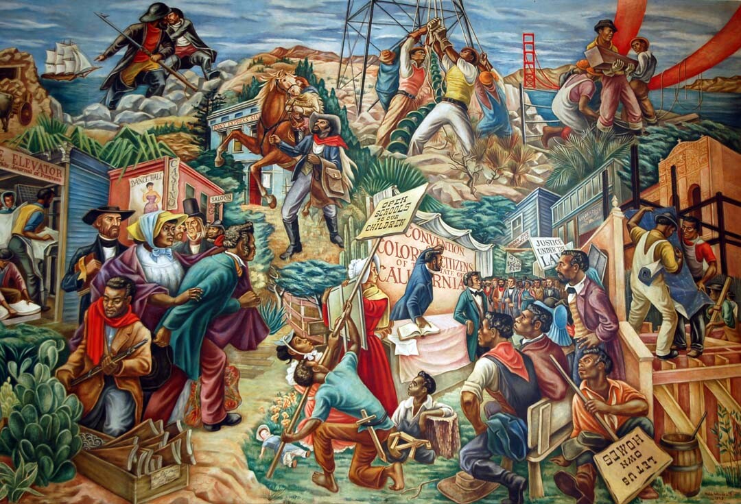 A mural at the Golden State Mutual called "The Negro in California History - Settlement and Development" (Hale Woodruff, 1949).