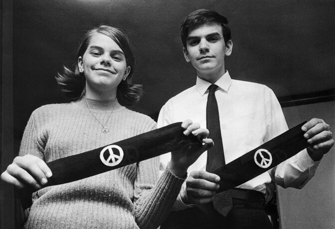 Des Moines, Iowa: Mary Beth Tinker and her brother, John, display two black armbands, the objects of the U.S. Supreme Court's agreement March 4th to hear arguments on how far public schools may go in limiting the wearing of political symbols. | Bettmann