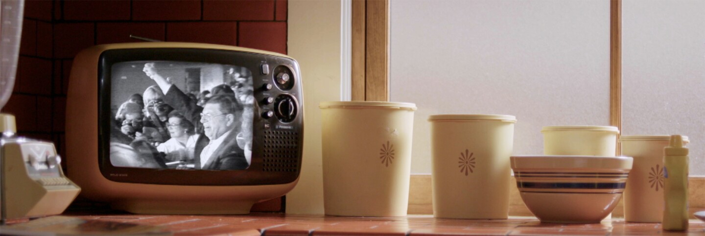 A shot of Howard Jarvis on a small television screen on a kitchen counter | Still from "The First Angry Man"