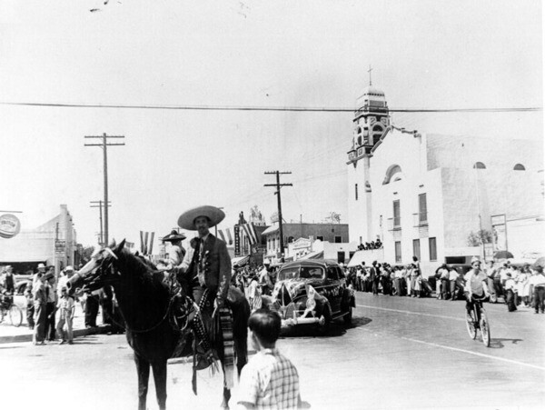 Antonio, on horseback and dressed as a charro, in a 16th of September parade commemorating Mexico's independence from Spain at Brooklyn Avenue and Ford Boulevard in East Los Angeles | Courtesy of the Los Angeles Public Library