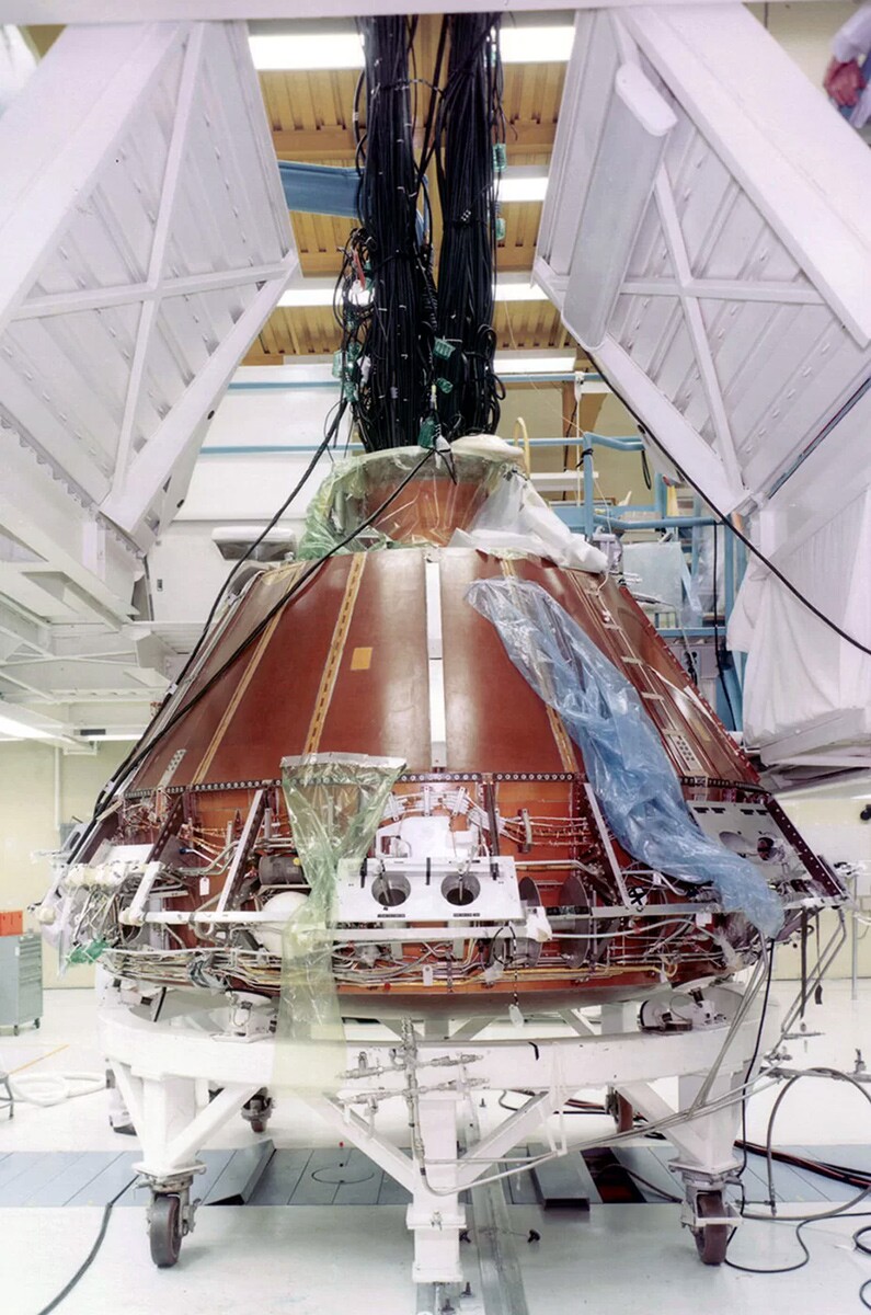 The Apollo 11 command module, no. 107, under construction and testing in 1968 at North American Aviation's factory in Downey. | Courtesy of Columbia Memorial Space Center/ Aerospace Legacy Foundation