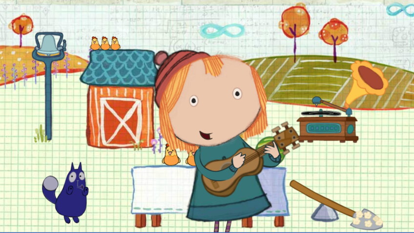 Cartoon of a little girl playing the guitar with a cat dancing next to her in front of a farm.