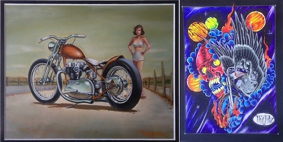 L: Keith Weesner, "Copper Chopper," 2002, Acrylic on board, Courtesy of Coby Gewertz private collection R: Alan Fitzgerald, "Cosmic Scooter," 2013, Marker on 140 lb. cold press arches paper, Courtesy of the artist