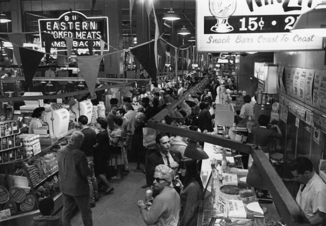 Busy aisles at Grand Central Market c. 1966 | William Reagh Collection at the Los Angeles Public Library