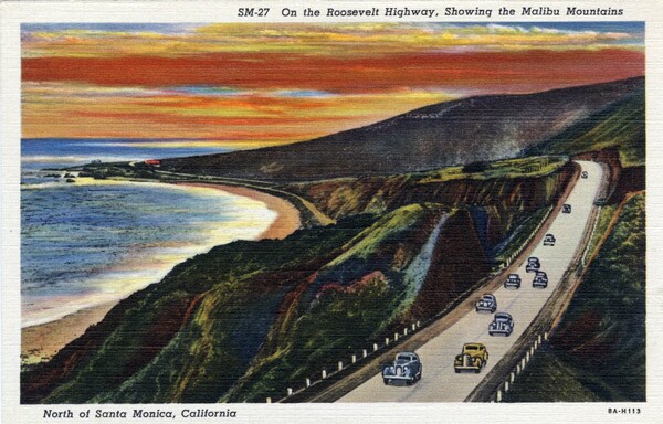 1938 postcard of the Roosevelt Highway, north of Santa Monica. Courtesy of the Werner von Boltenstern Postcard Collection, William H. Hannon Library, Loyola Marymount University.