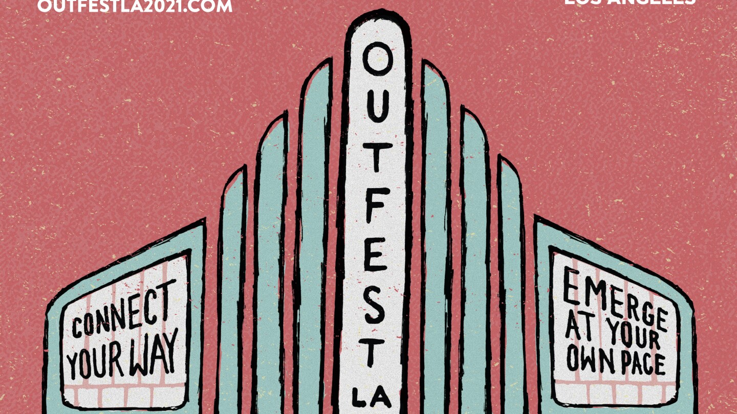 A graphic design poster of a movie theater with the words Outfest LA