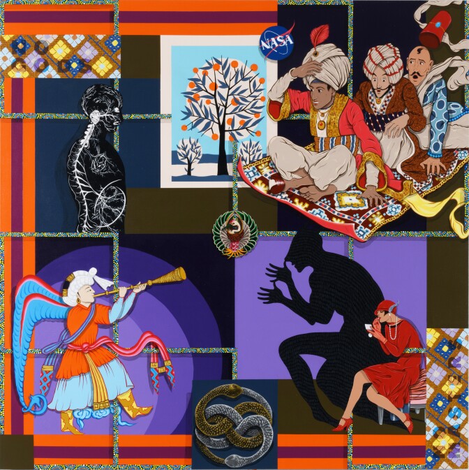 A multi-layered artwork by Amir H. Fallah showing a flying rug with people on board, a man playing a wind instrument and a woman eating something.