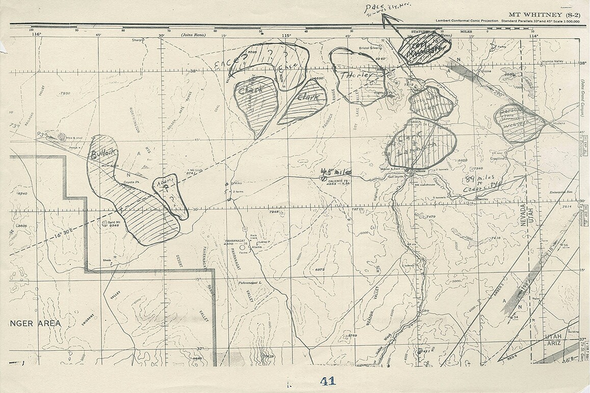 A map showing the locations where Cedar City sheep ranchers would graze their flock in Lincoln County, Nevada.