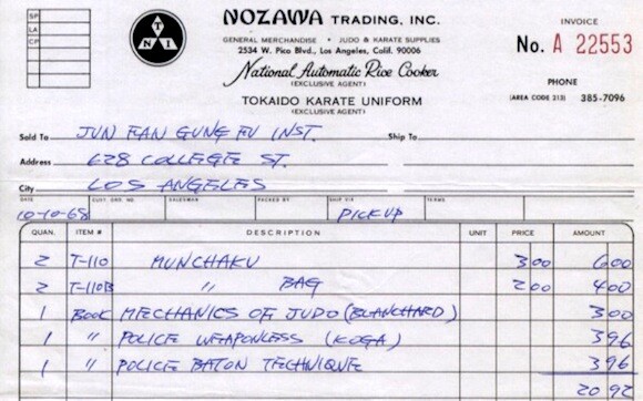 Reproduction of receipt from Nozawa Trading | Included in "The Treasures of Bruce Lee"