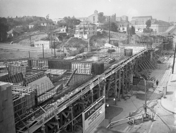 The WPA, city of Los Angeles, and Pacific Electric Railway funded construction of the viaduct, seen here in 1941. Courtesy of the Los Angeles Daily News Negatives, UCLA Library.