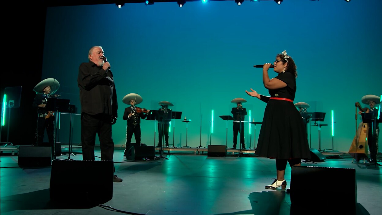 La Marisoul, David Hidalgo and Mariachi Garibaldi de Jaime Cuéllar perform "Somewhere Out There" | Still from "A Tribute to Linda Ronstadt at the Soraya" from "Southland Sessions"