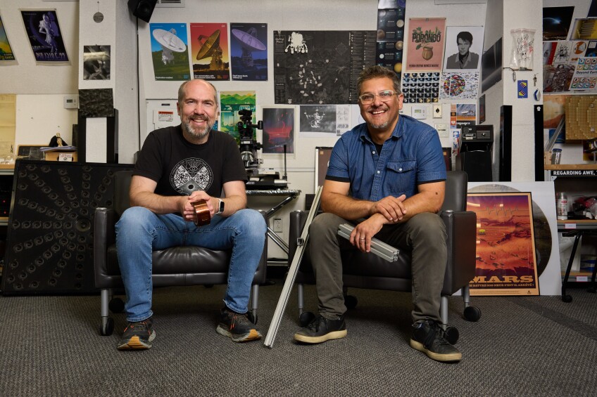 Employees Dan Goods and David Delgado pictured at JPL as featured in ARTBOUND season 15 “Blended Worlds: The Fusion of Art and Science at JPL.” Photo courtesy of PBS SoCal.