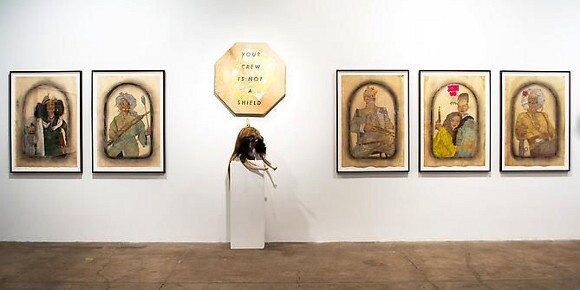 Installation image of exhibition "Heartbreaking and shit, but that's the globe. The Battle of Manhattan" at Morgan Lehman Gallery, 2014. | Photo: Courtesy of Morgan Lehman and the artist.