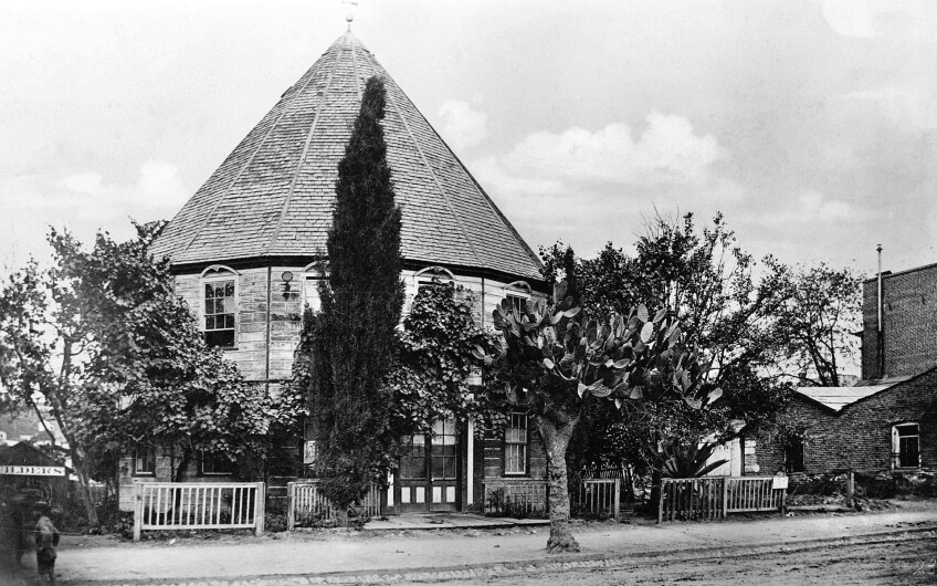 Round House, ca. 1885. While still the Garden of Paradise or soon after, the Old Round House veranda and porch were enclosed with siding, turning it into a 12-sided structure. Photograph courtesy of California Historical Society Collection, USC Libraries