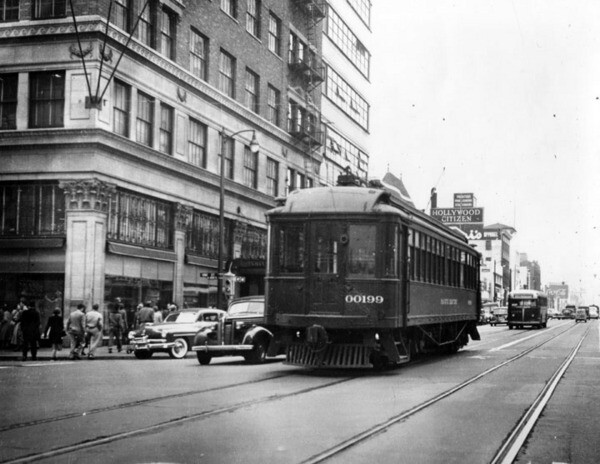 From the steam trains of the Cahuenga Valley Railroad to the red cars of the Pacific Electric Railway, fixed-rail vehicles rolled through Hollywood and Vine for decades. Courtesy of the Photo Collection - Los Angeles Public Library.