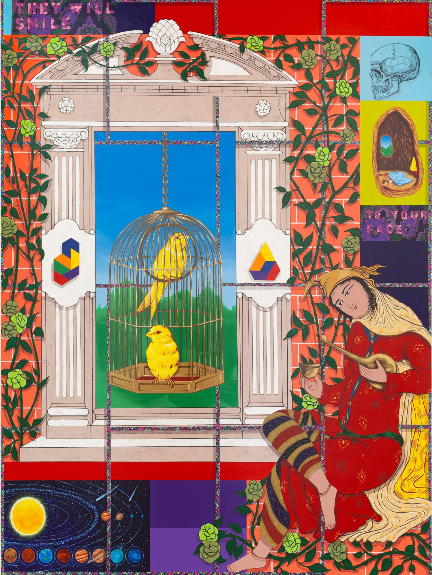 A man sits by a bird cage with two birds.