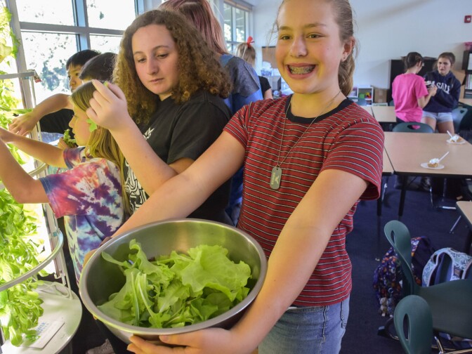 Tower Garden: Sierra Madre Middle School students harvesting their greens.