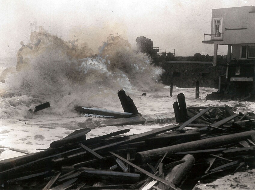 Waves pound the Long Beach shore during the 1939 tropical storm. Photo courtesy of the USC Libraries – Los Angeles Examiner Collection.