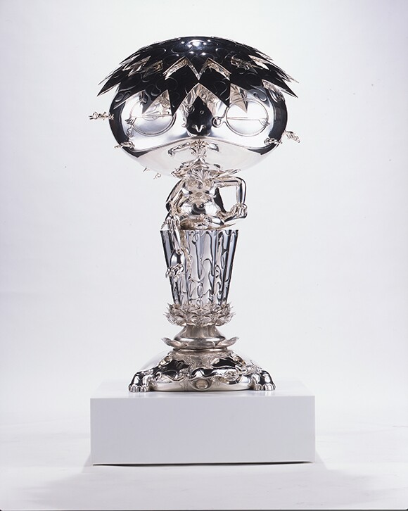 "Oval Buddha Silver" 2008 by Takashi Murakami, sterling silver, 61 1/2 x 31 3/4 x 30 3/4 in. (156.21 x 80.65 x 78.11 cm); Courtesy of The Broad Art Foundation. Image ©Murakami