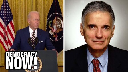 Photos of President Biden and Ralph Nader.