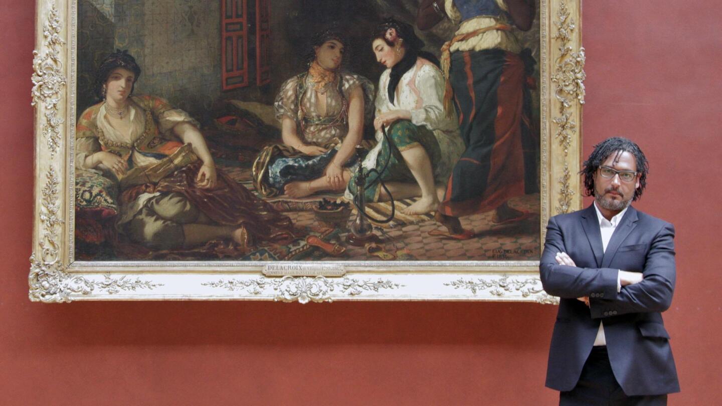 Man poses in front of painting, from "Civiliazations: The Cult of Progress"