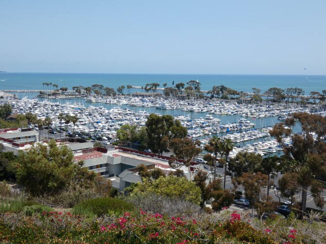 A view of the ocean with a cluster of docked white boats. At the foreground are various foliage, trees and red tile-roofed buildings.