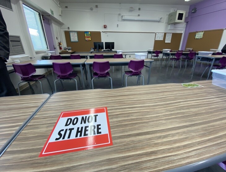 Inside an L.A. Unified School District classroom at Walgrove Avenue Elementary in Venice that's been prepared for students' return to campus in April.