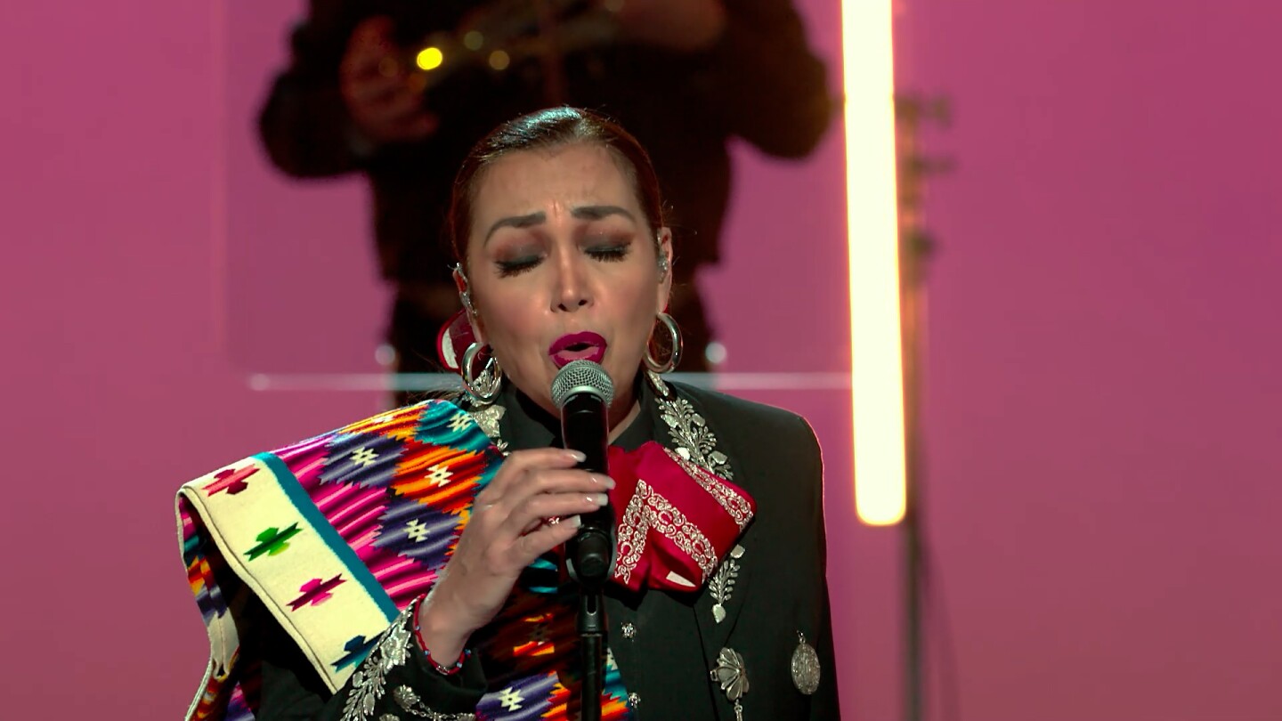 Aída Cuevas and Mariachi Garibaldi de Jaime Cuéllar perform “Por Un Amor” by Gilberto Parra at the Soraya in a tribute to Linda Ronstadt. | Still from "A Tribute to Linda Ronstadt at the Soraya" from "Southland Sessions"