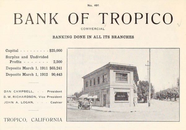 A 1912 advertisement for Tropico's bank. From the brochure 'Glendale, California: The Jewel City,' courtesy of the Glendale Public Library's Promotional Brochures of Tropico and Early Glendale.