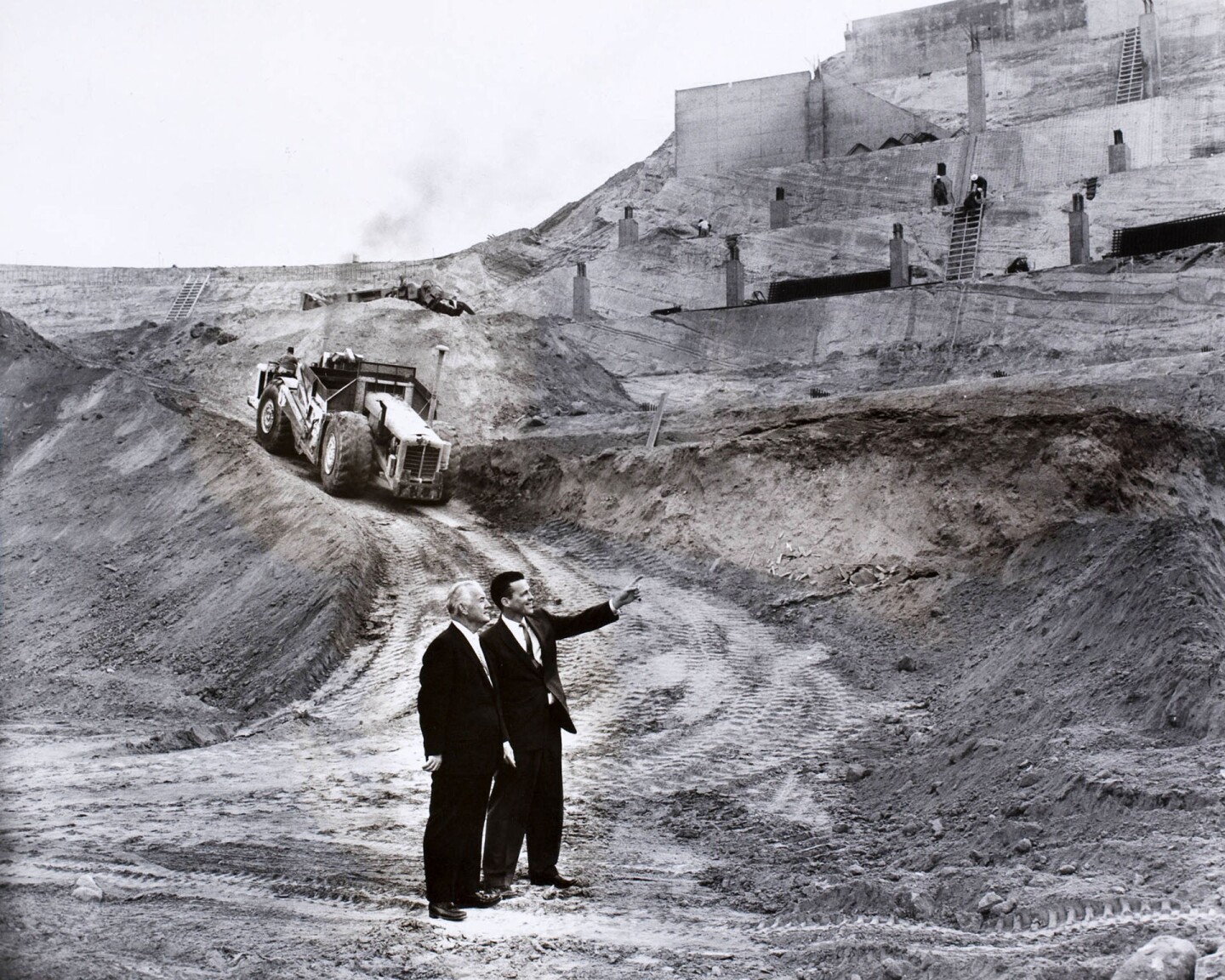 Fresco Thompson and Dick Walsh (L to R) at the Dodgers Stadium construction site in Chavez Ravine, Los Angeles