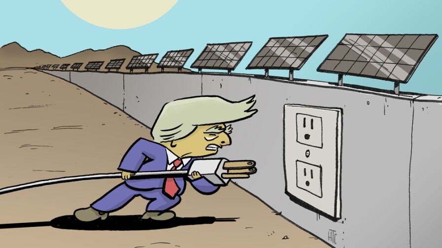 Donald Trump plugging into a Solar Border Wall | Artwork: Henry Cram/KCET