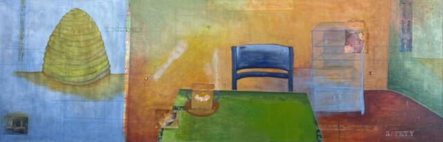 A painting of a beehive and a dining room by Monika Ramirez Wee.