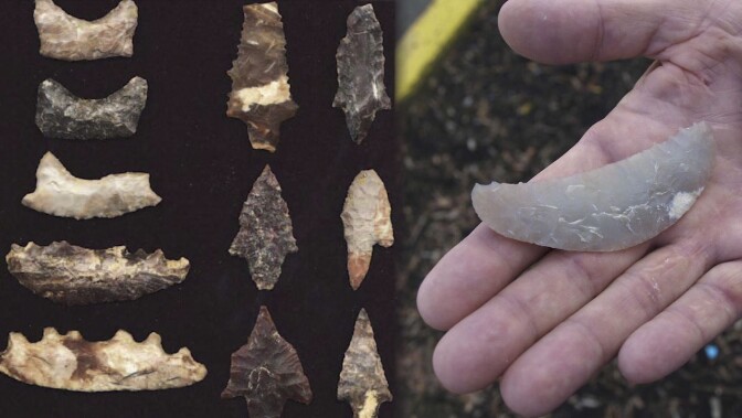 A collage of two photos, side-by-side. The photo on the left is a flat lay of crescent-shaped stone tools, the size of an arrowhead. The crescents are laid neatly atop a black background. The photo on the right displays an open palm holding one of the crescent points.