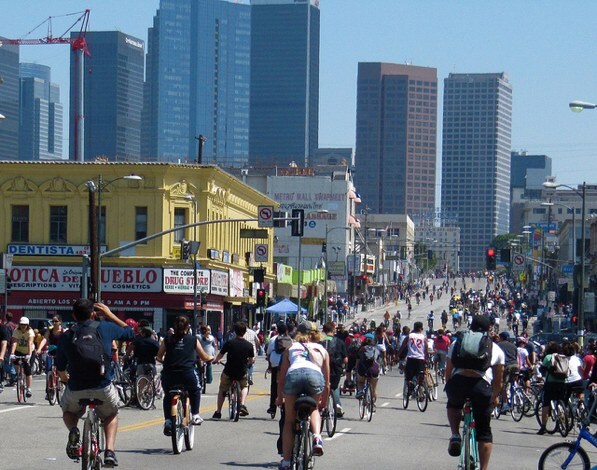 Wilshire Boulevard in L.A.'s Westlake neighborhood is taken over by cyclists during CicLAvia in April 2011