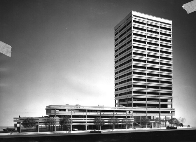 The Sumitomo Bank building plan by Kajima International, Inc. Courtesy of the Los Angeles Public Library