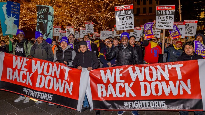 Getty5 New York fast food workers join the Fight for $15 National Day of Action across the country in 2016. | Erik McGregor/Pacific Press/LightRocket via Getty Images