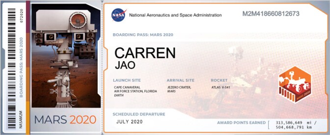Mars Boarding Pass generated when you submit your name to be sent with the Mars mission | NASA