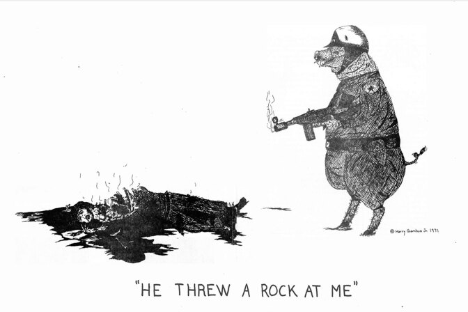 Harry Gamboa Jr. He Threw a Rock at Me featured in Regeneración (Los Angeles), vol. 1, no. 9, 1971. Courtesy of Harry Gamboa Jr. (Editor, Regeneración, Volume 2, 1971–75). Regeneracion