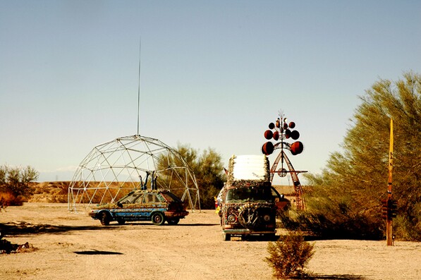 A portion of East Jesus, including art cars and the wind sculpture Cosmos. Photo by Flip Cassidy.