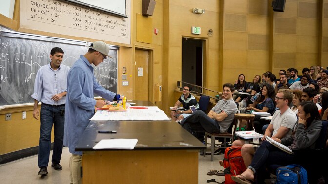 Neil Garg uses humor to create a fun and engaging learning environment. In this class, he compared the process of retrosynthesis to creating a sandwich, as a student volunteer assembled a sandwich. | Coral von Zumwalt, Courtesy of UCLA