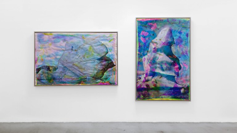 Matthew Brandt “Vatnajökull CMY5” and “Vatnajökull MYC8,” 2018–20. Heated chromogenic print, with acrylic varnish and Aqua-Resin support | Photo: Ed Mumford, Courtesy the artist and M+B, Los Angeles