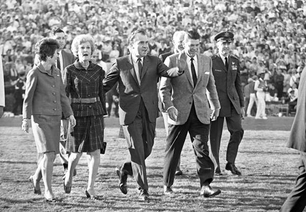 President Richard Nixon and Governor Ronald Reagan walk across the field before the 1969 Rose Bowl game in Pasadena. Courtesy of the Los Angeles Times Photographic Archive, Department of Special Collections, Charles E. Young Research Library, UCLA.