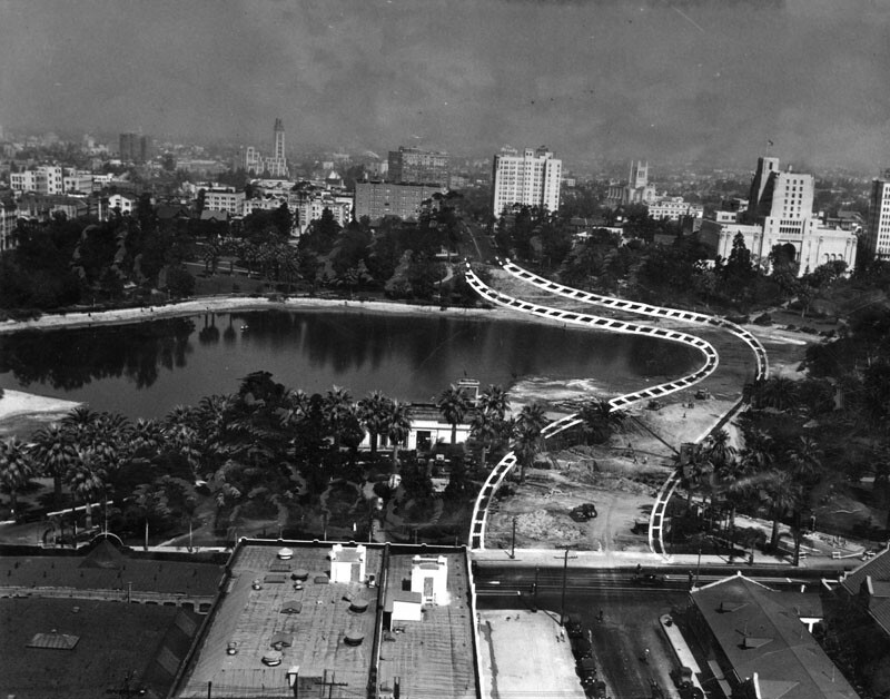 Another illustration showing progress on the Wilshire causeway. Courtesy of the Herald-Examiner Collection, Los Angeles Public Library.