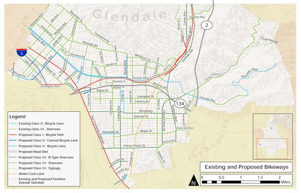 Existing and proposed bikeways from the 2012 Glendale Bicycle Transportation Plan