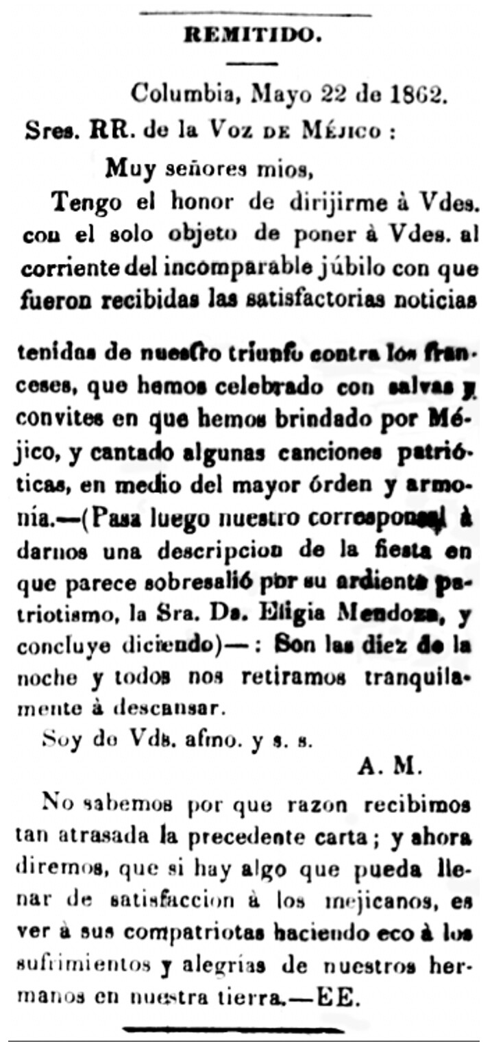 A Spanish-language news clipping reads "Remitido" at the top. Below, a subhead reads, "Columbia, Mayo 22 de 1862. Sres. RR. de la Voz de Méjico:" The article that follows describes a Cinco de Mayo celebration — the first known description of one.