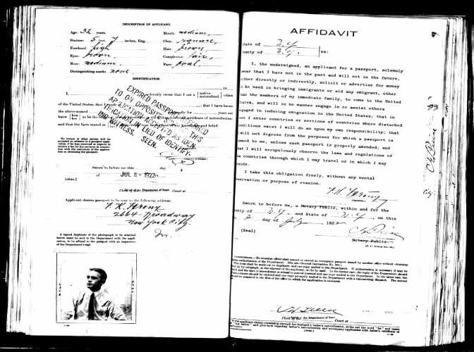 A photo scan of a passport application indicates record of Franz Ferenz's intention to visit Germany. At the bottom of the left page is a photo of Franz Ferenz.