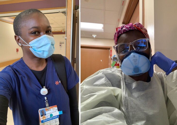 (LEFT) ER nurse Adwoa Blankson-Wood pictured near the start of the COVID-19 pandemic in 2020, wearing scrubs and a surgical mask; By October, Blankson-Wood was required to don an N-95 mask, protective goggles, a head covering and full PPE to interact with patients.