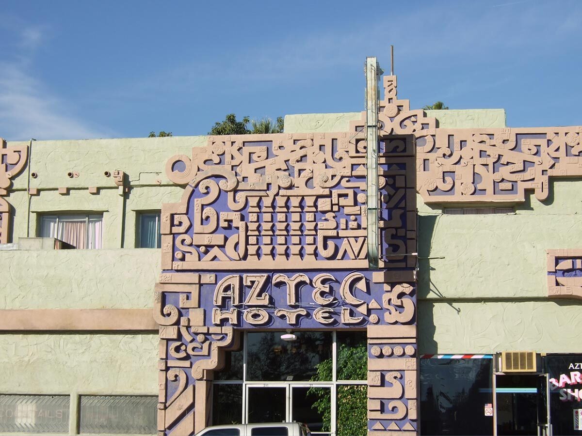 A part of the facade in front of the Aztec Hotel in Monrovia, California by Robert Stacy-Judd | Amanda Wray/Flickr FLW AB s9